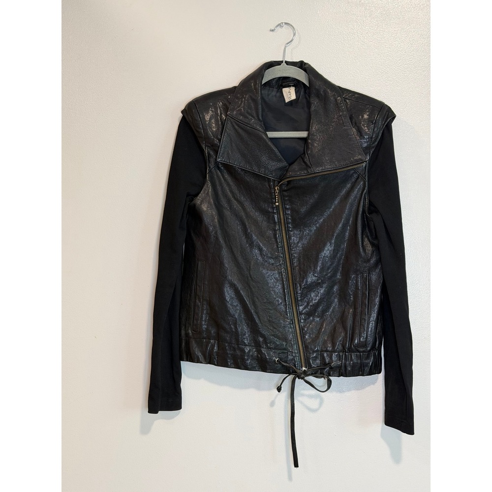 Barlow Womens Black Lamb Leather Moto Jacket Knit Sleeves Size M